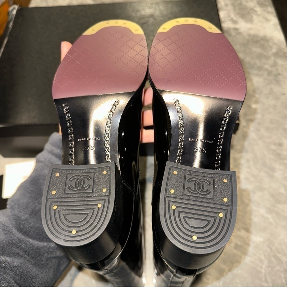 New Size 37.5 Chanel Patent CC Mid Calf Boots Black - Picture 5 of 11